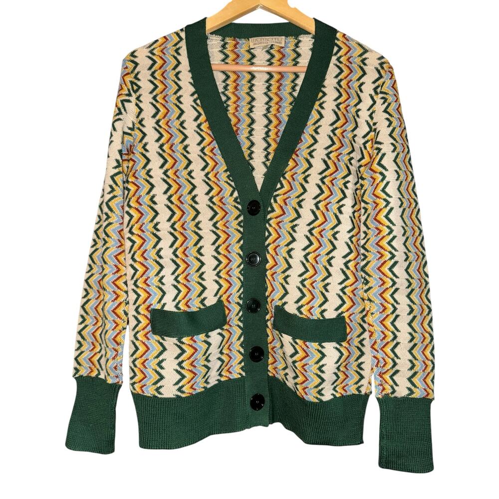 Vintage Jacques Gilles Wool Rainbow Chevron Cardigan Medium Retro 70s Italy Flaw
